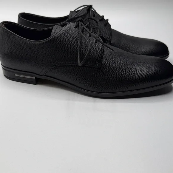 Prada Men's Black Textured Leather Plain Toe Derby Shoes Size 7 - Picture 2 of 10
